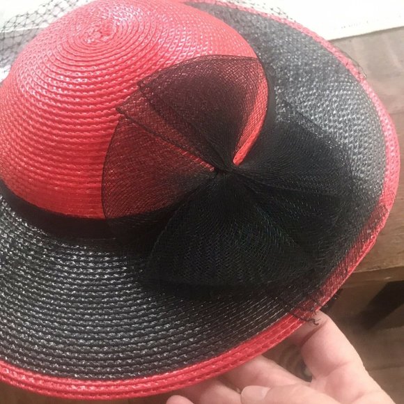 Vintage Girls Straw Hat Red Black Veil Bow main image 7